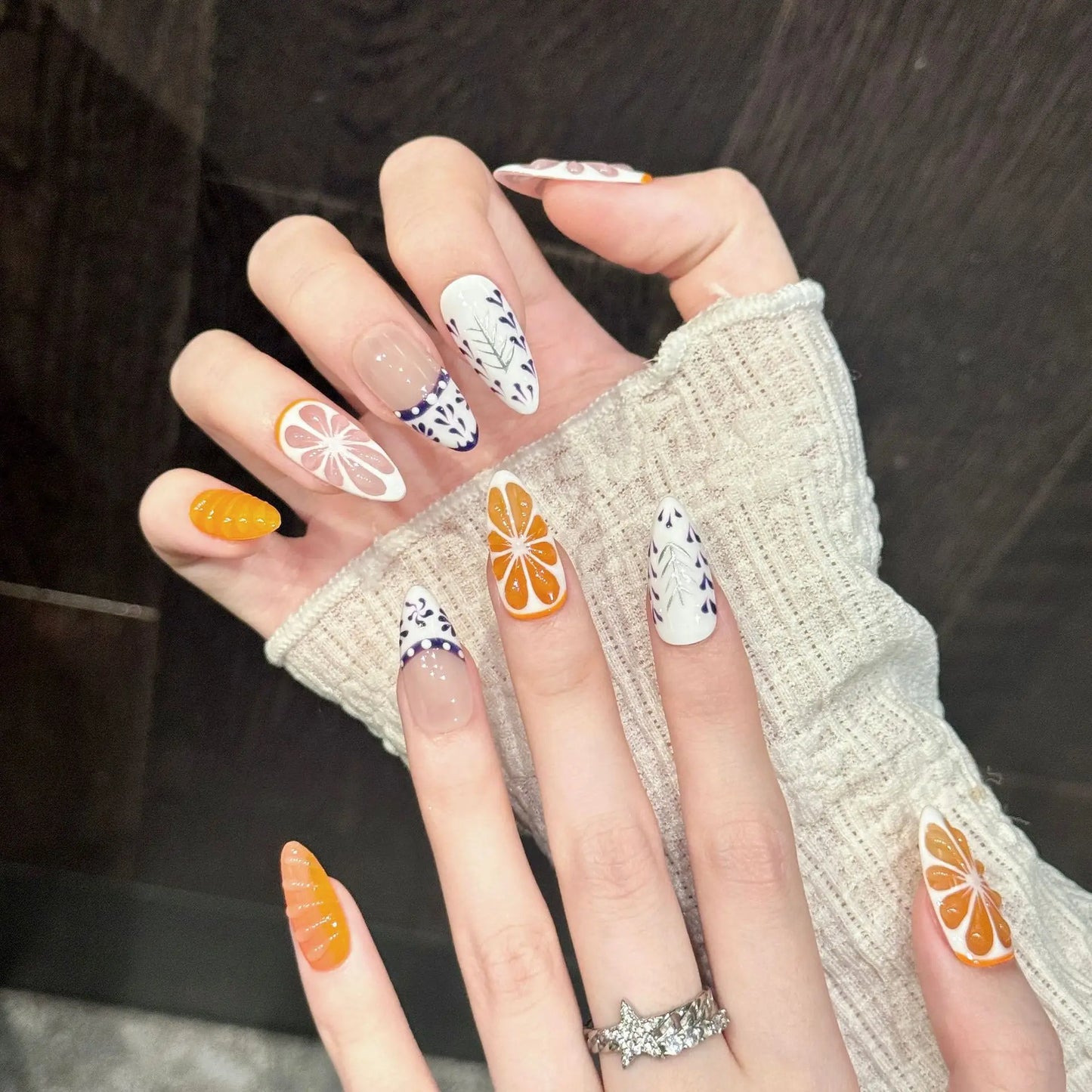 10pcs Handmade Press On Nails 3D Grapefruit And Orange Decor Wearable Almond Artificial Nails Self Adhesive Reusable For Women Peaceful Pleasures Health and Wellness