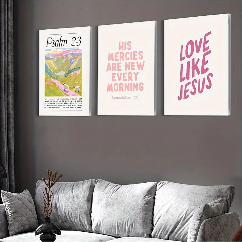 3pcsModern Christian Pink Bible Verse Wall Art Print Canvas Painting Poster Picture For Living Room,Bedroom Home Decor Peaceful Pleasures Health and Wellness