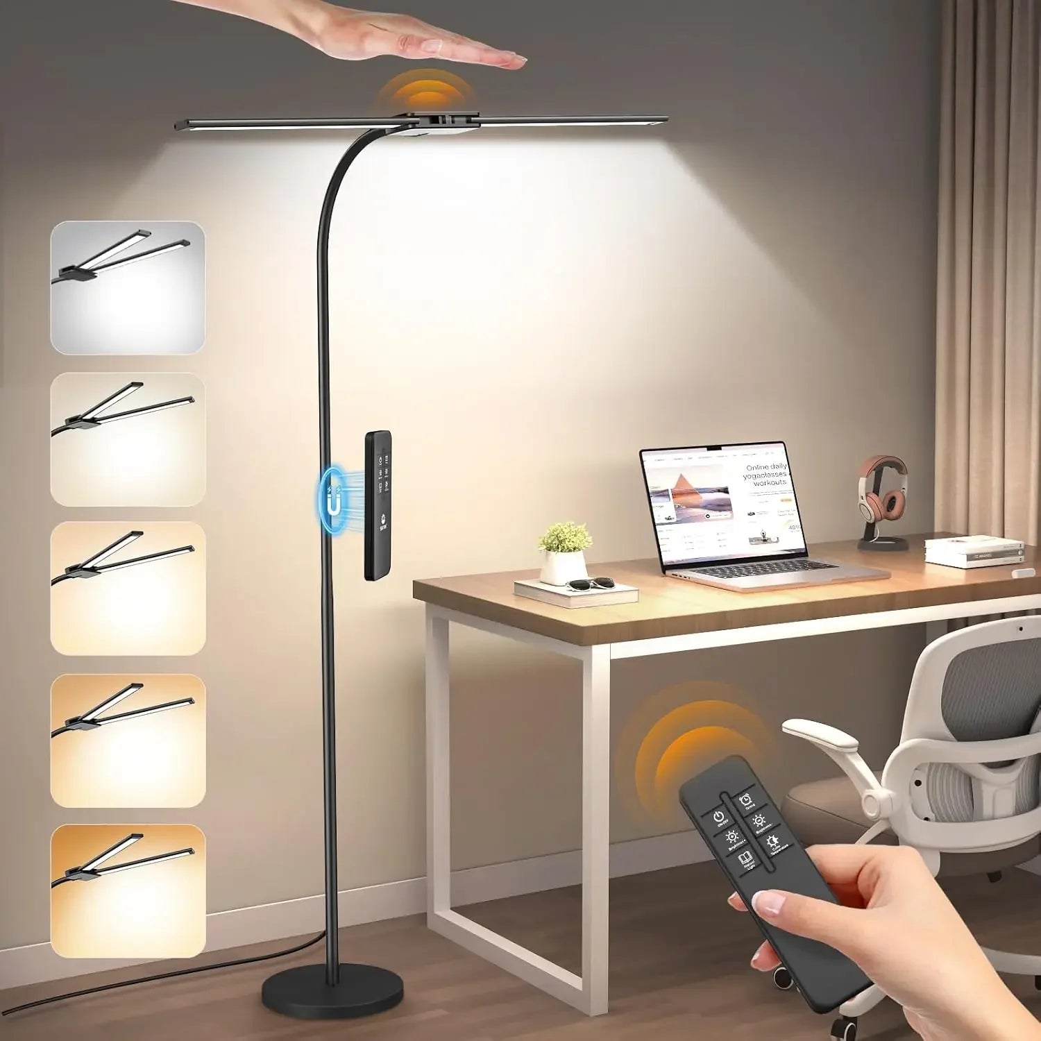 14W 2000LM LED Floor Lamp with Gesture & Remote Control, Dimmable Dual Head Goose-Neck Standing Light for Living Room Office Peaceful Pleasures Health and Wellness United States
