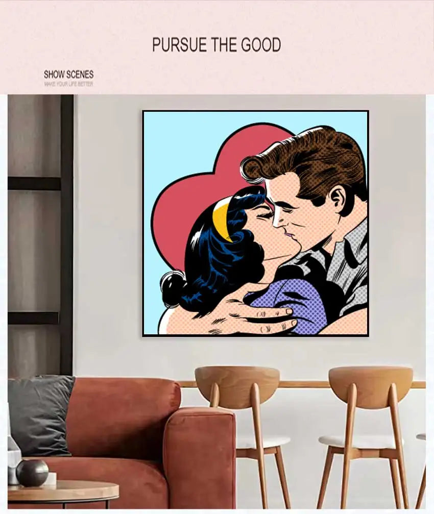 Pop Art Kissing Couple Canvas Wall Art Print | Bedroom Decor