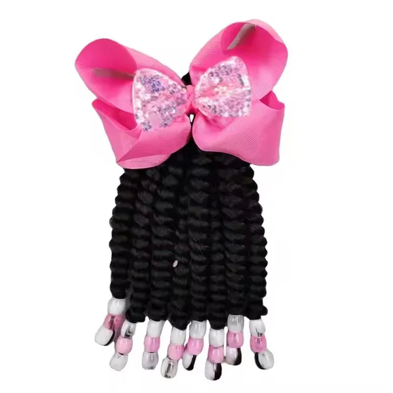 2PCS Hair 2024 New Little Girls Braided Ponytails with Beads Kids Girls Hair Bow Glitter Shinny Shining with Big Balls Bubbles Peaceful Pleasures Health and Wellness Bows 1