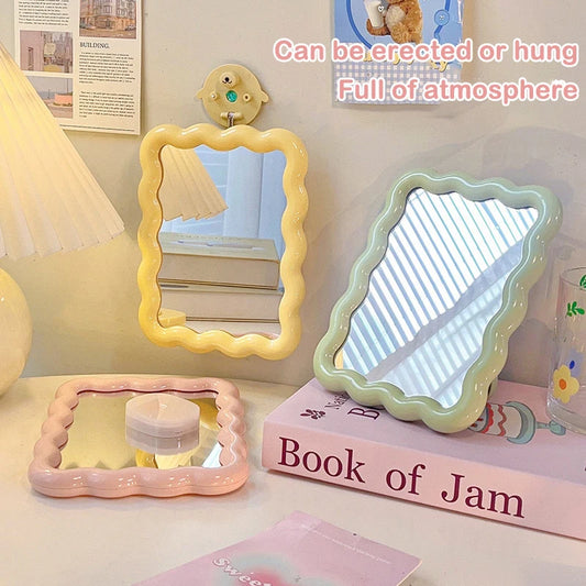 Corrugated Desktop Makeup Mirror Solid Color Simple Portable Handheld Makeup Mirror Foldable Student Compact Cute Mirror Peaceful Pleasures Health and Wellness