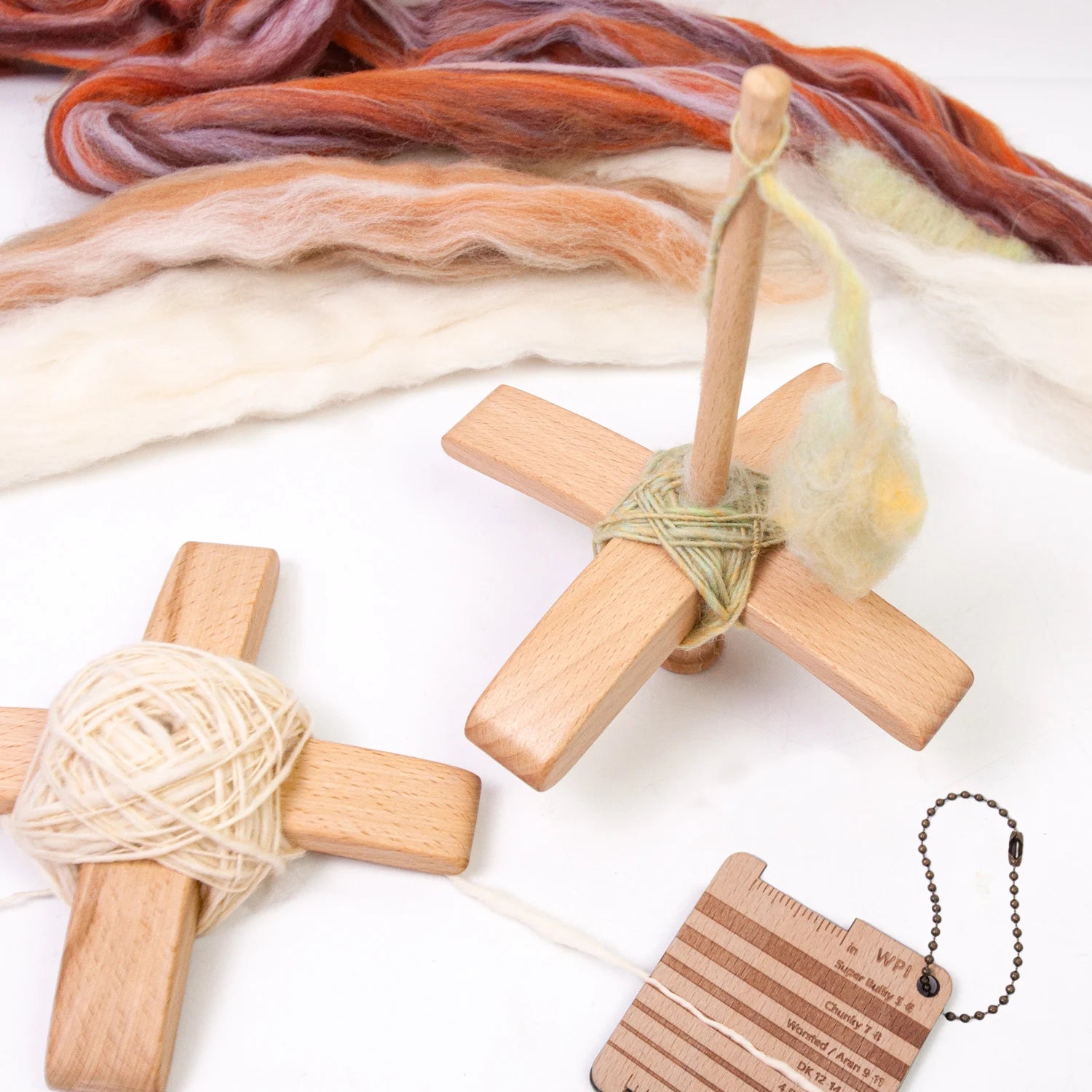 Detachable Cross-Shaped Turkish Wooden Spindle Set Hand-Spinning Yarn Kit with 50g Wool Roving & Yarn Gauge Beginner-Friendly Peaceful Pleasures Health and Wellness