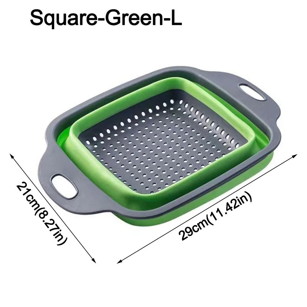 Silicone Folding Drainer Basket Drain Device Multifunctional Fruit Vegetable Washing Basket Food Grade Collapsible Colander Peaceful Pleasures Health and Wellness Square-Green-L