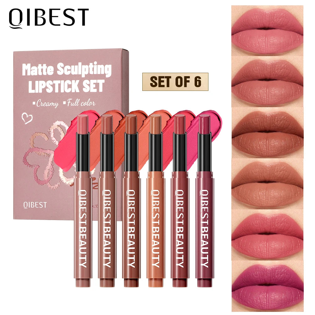 QIBEST 6 Colors Matte Lipstick Sets Lasting Moisturizing Nude Sculpting Lipstick Pencil Makeup Hydrating Lip Stain Tint Cosmetic Peaceful Pleasures Health and Wellness