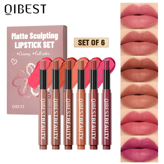 QIBEST 6 Colors Matte Lipstick Sets Lasting Moisturizing Nude Sculpting Lipstick Pencil Makeup Hydrating Lip Stain Tint Cosmetic Peaceful Pleasures Health and Wellness
