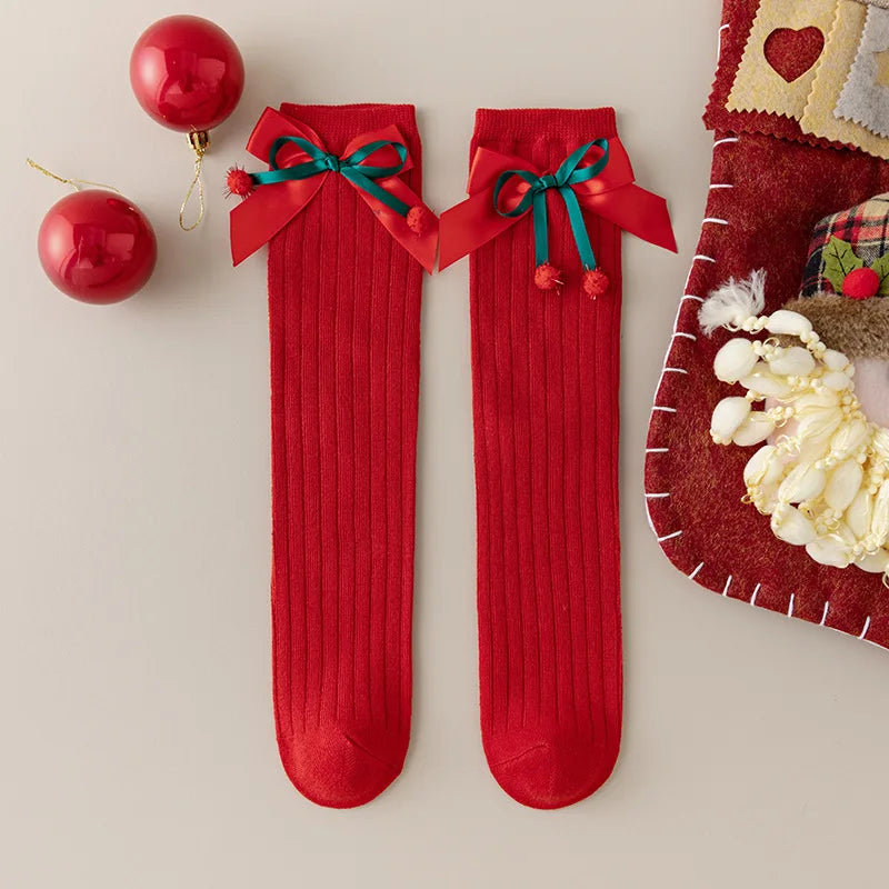 Girls' Christmas Long Socks | Bowknot Holiday Stockings Kids