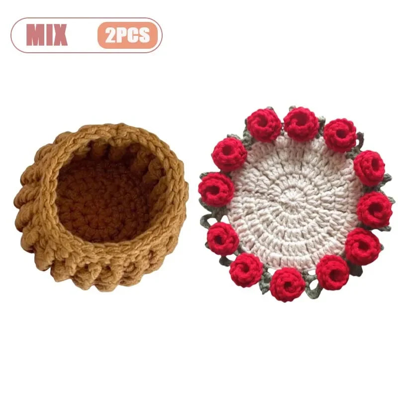Hand Crochet Rose Flower Coasters | Heat Resistant Wool Mat Set