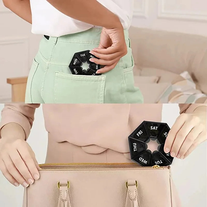 Weekly 7-day Pill Organizer Portable Travel Pill Box Multifunctional Small Medicine Case Black Peaceful Pleasures Health and Wellness