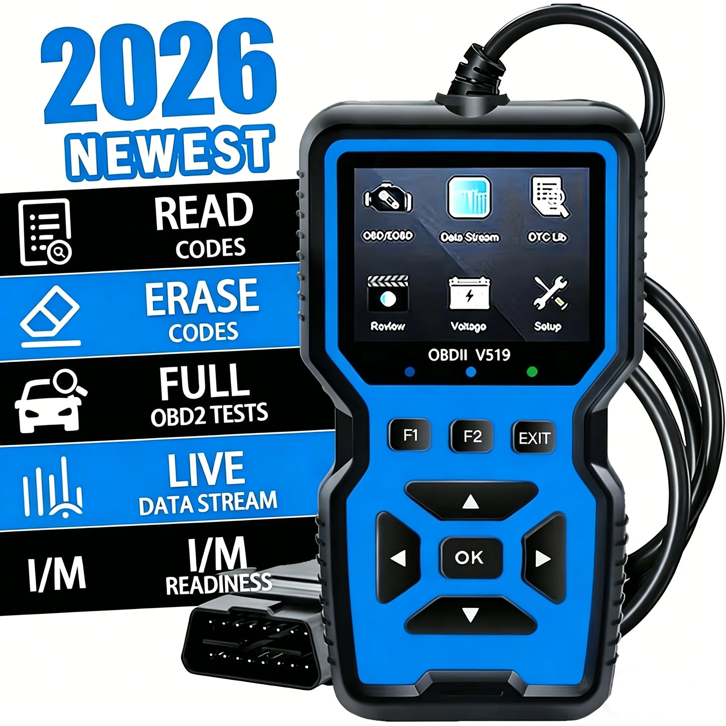 V519 Professional Advanced Obdii/Eobd Car Diagnostic Scan Tool, Battery Tester, I/M Readiness, Fault Code Eraser, Suitable for All Obd Ii Protocol Cars since 1996, No Battery Required Peaceful Pleasures Health and Wellness Blue