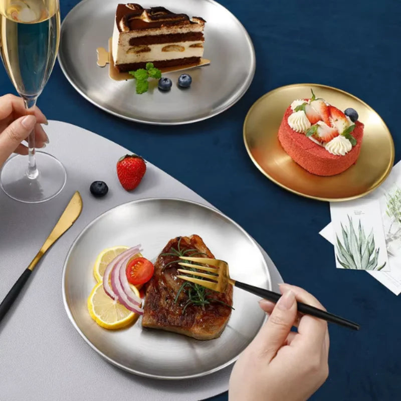 Thickened Stainless Steel Golden Round Fruit Plate Cake Plate Bone Tray BBQ Plate Flat Bottom Shallow Tray Peaceful Pleasures Health and Wellness