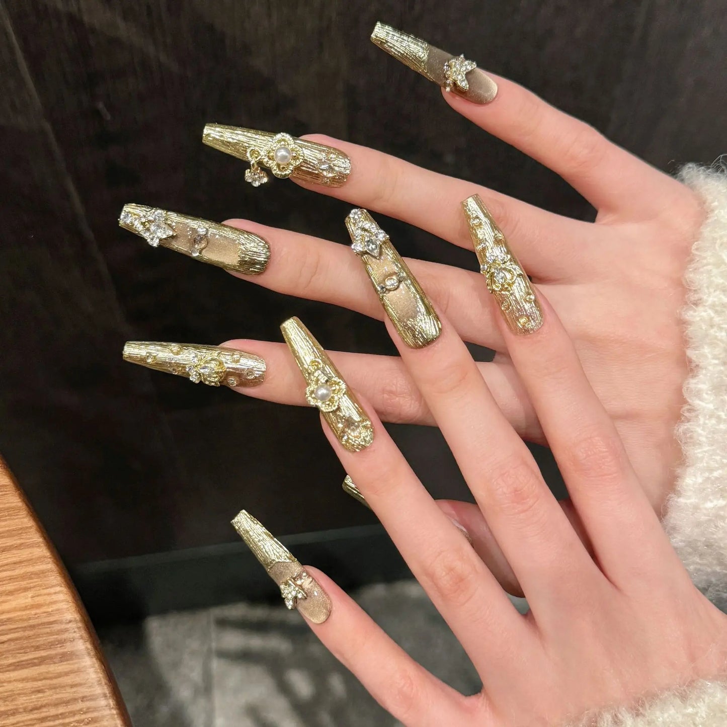 Handmade Press-On Nails | Gold Butterfly Rhinestone & Pearl
