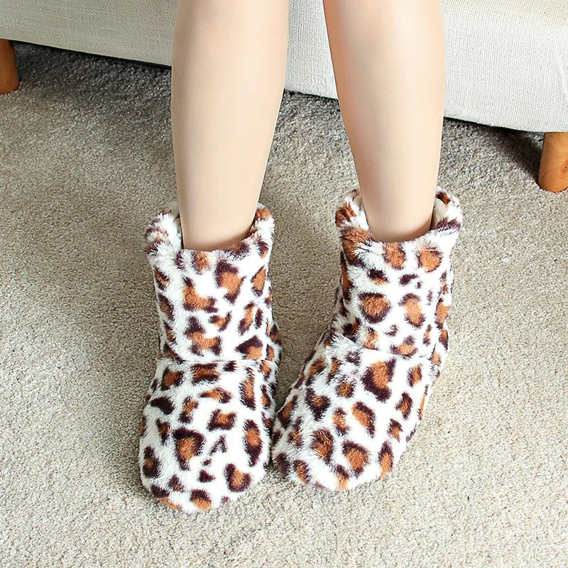 Women's Plush Leopard Slipper Boots | Warm Non-Slip Indoor Shoes