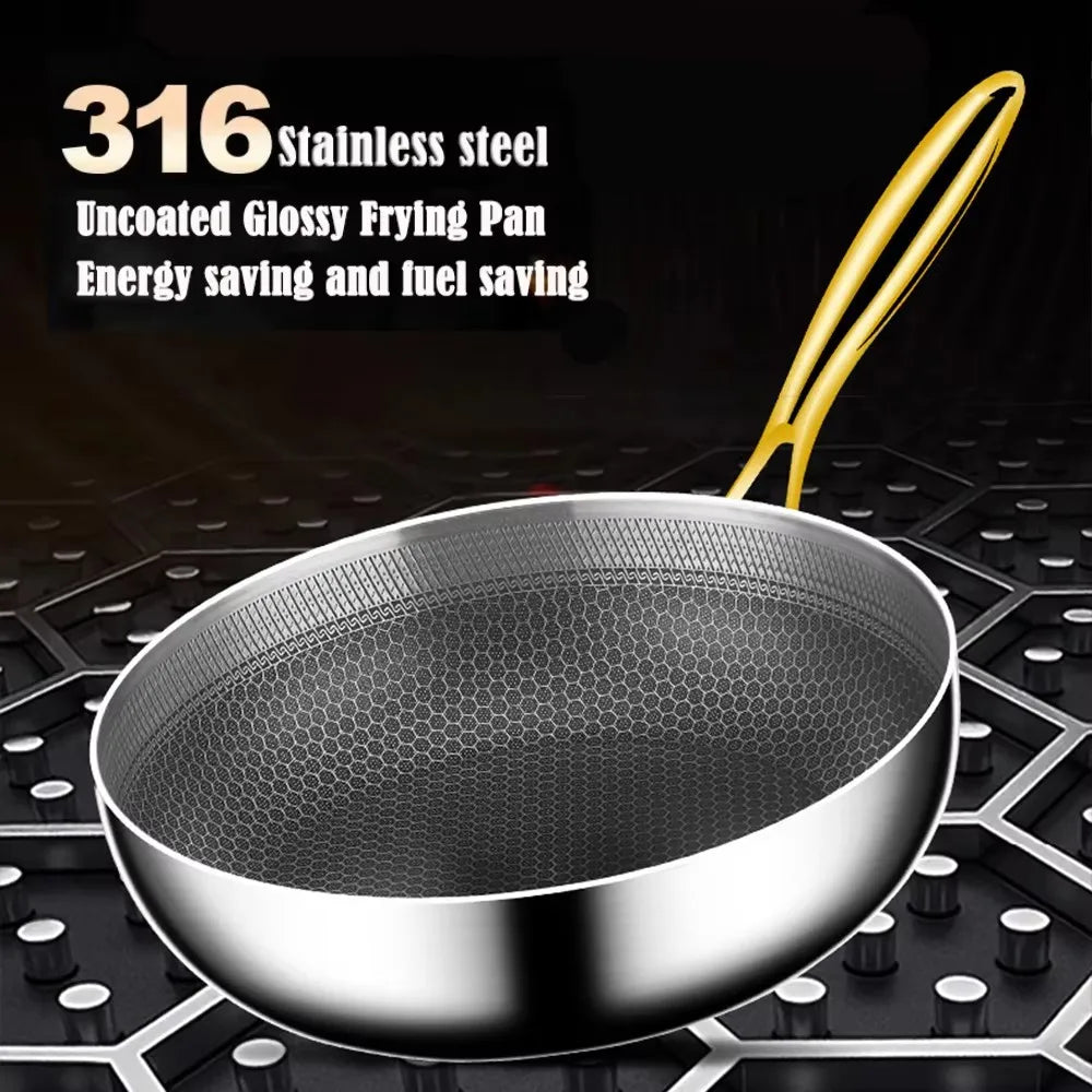 316 Stainless Steel Frying Pan Wok Non-stick Cooking Honeycomb Steak Gas Stove Pot Induction General Saucepan Kitchen Cookware Peaceful Pleasures Health and Wellness