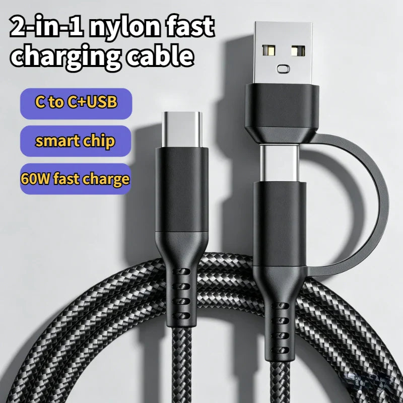 60W USB-C to C 2-in-1 Fast Charging Cable – Phones & Tablets