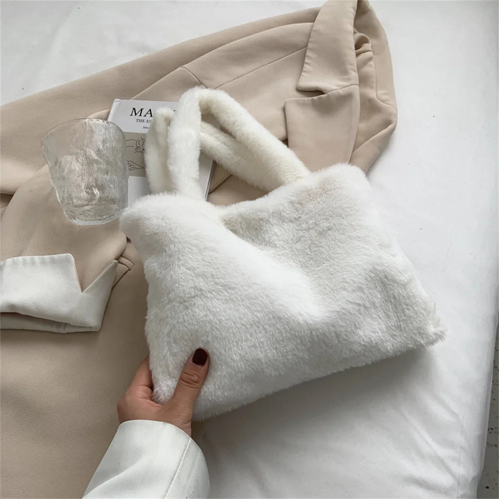Soft Faux Fur Shoulder Bag Versatile Cute Tote Bag with Purses Female Handbags Women Fluffy Stylish Crossbody Small Square Bag Peaceful Pleasures Health and Wellness WHITE