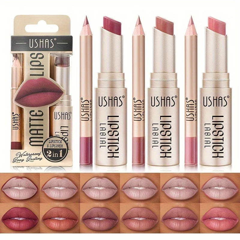 USHAS 12-Color Matte Lipstick & Lip Liner Set – Waterproof