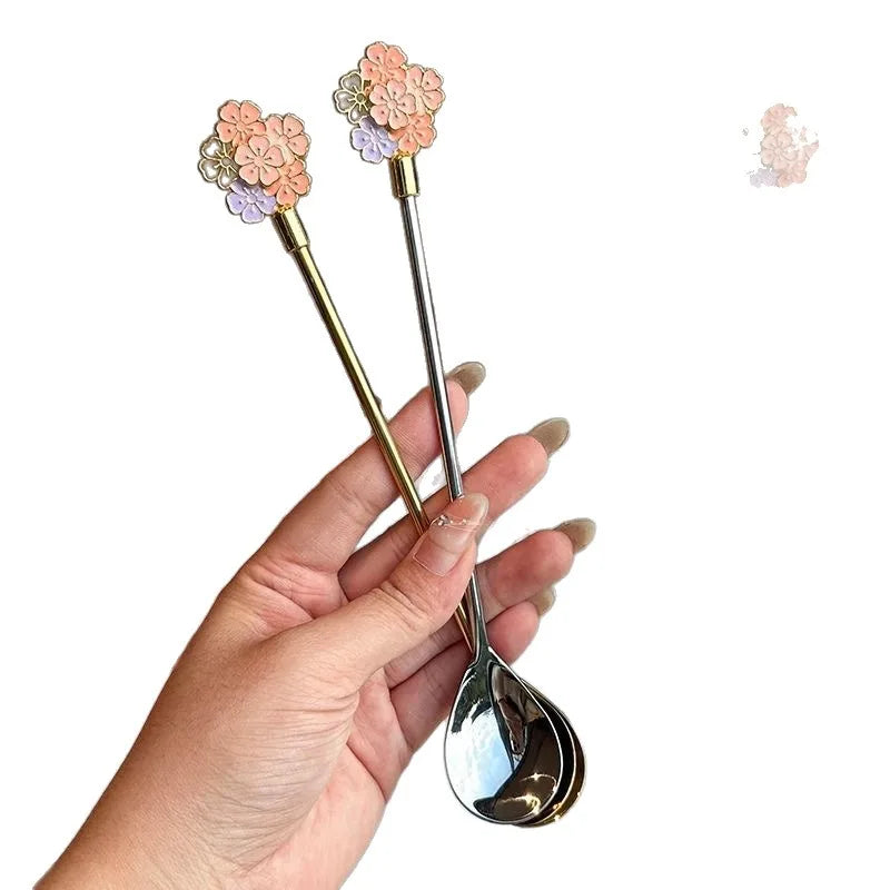 Hot 1Pc Stainless Steel Cherry Blossom Spoon Fork Coffee Spoon Kitchen Star Long Handle Stirring Spoons Kitchen Coffee Tableware Peaceful Pleasures Health and Wellness