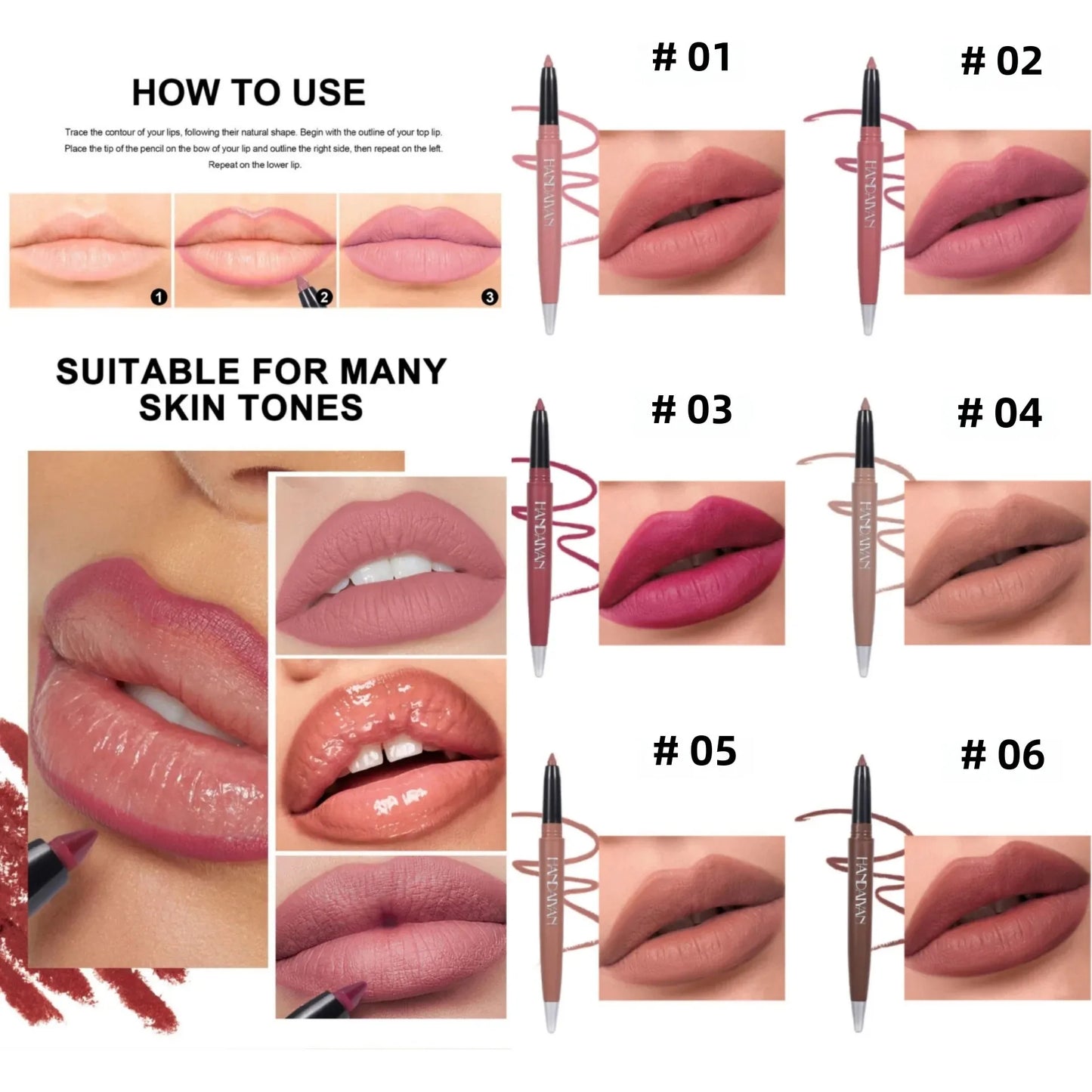 Handaiyan 6-Color Matte Lip Liner Set – Waterproof & Long-Lasting
