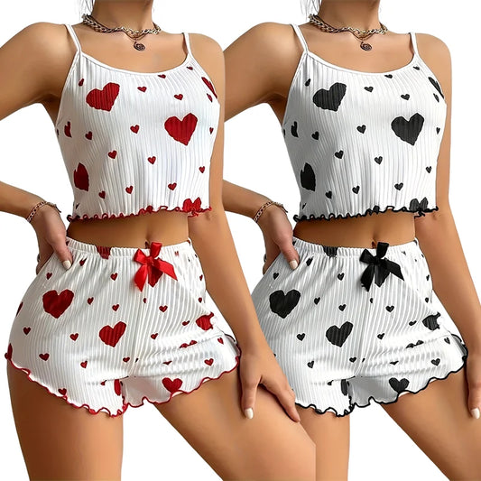 Women 2PCS Pajama Set Heart Print Cami Crop Top & Shorts Cute Ribbed Sleepwear Soft Breathable Summer Loungewear Nightwear Peaceful Pleasures Health and Wellness Red and Black S
