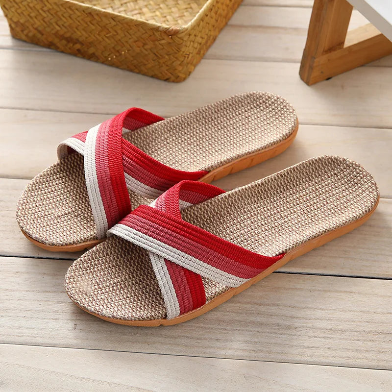 Women's Linen Flat Slippers – Lightweight Open Toe Indoor Slides