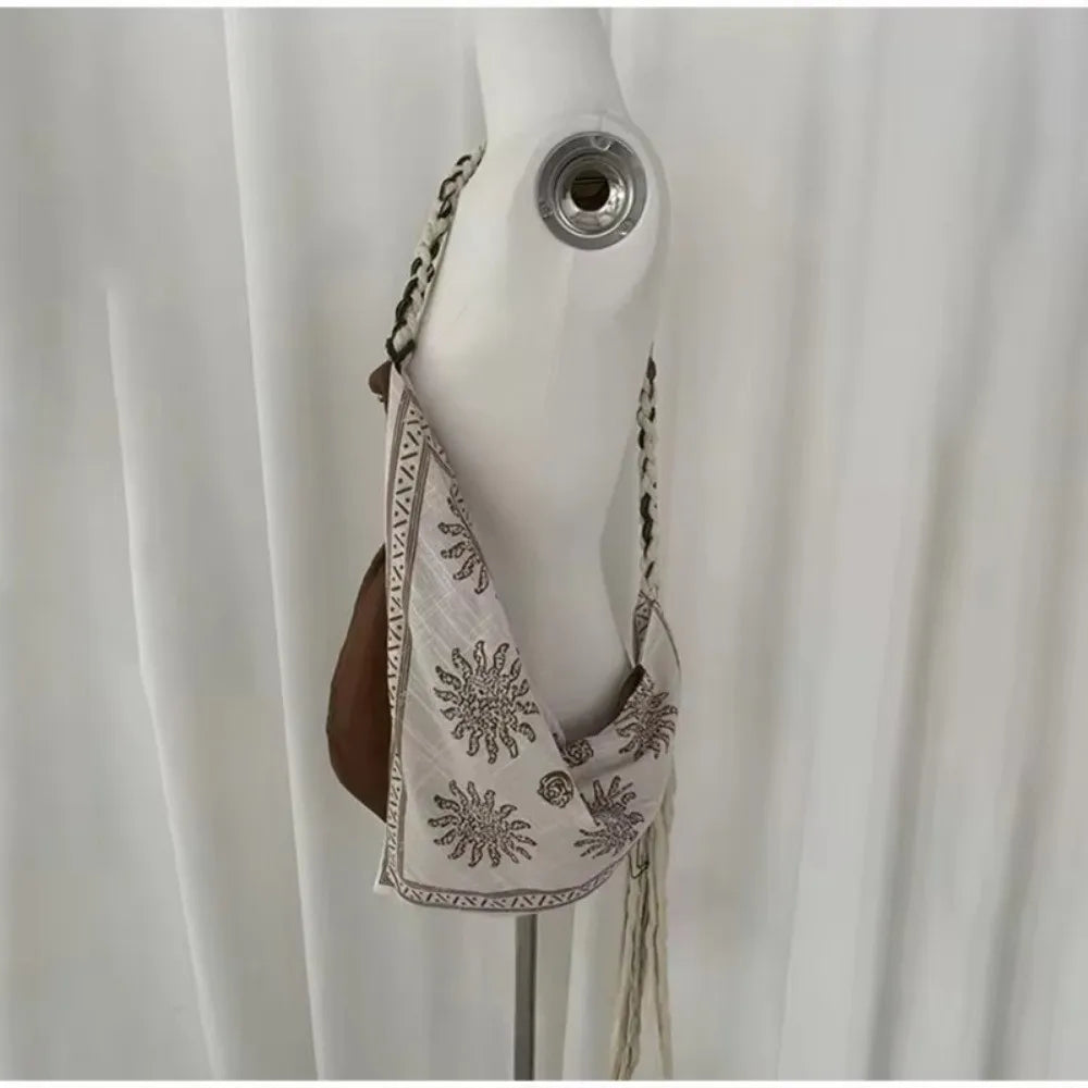 Bohemian Triangle Crossbody Bag | Linen Print Tassel Messenger Bag Crossbody Shoulder Bag Peaceful Pleasures Health and Wellness