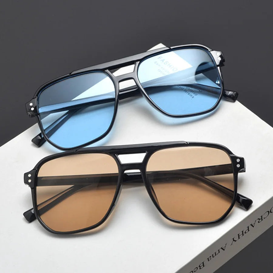 1/6pc Retro Double Bridge Sunglasses Stylish Minimalist Large Frame Fashionable Ins Personality Ocean Lens Sun Glasses Peaceful Pleasures Health and Wellness