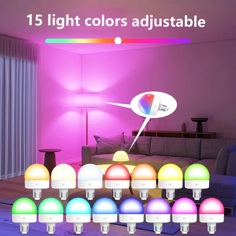 E27 USB Control Rechargeable LED Smart Bulb Color Temperature 15 Brightness Levels RGB Timer Function with Remote Controller Peaceful Pleasures Health and Wellness
