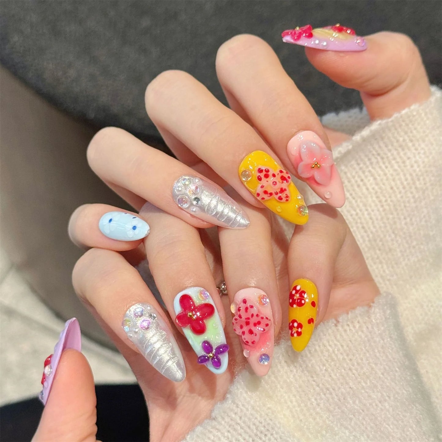 10pcs Handmade Press on Nails Island Flower Decor Glitter Fake Nails Wearable 3D Hand-Carved French False Nail Tips Almond Shape Peaceful Pleasures Health and Wellness
