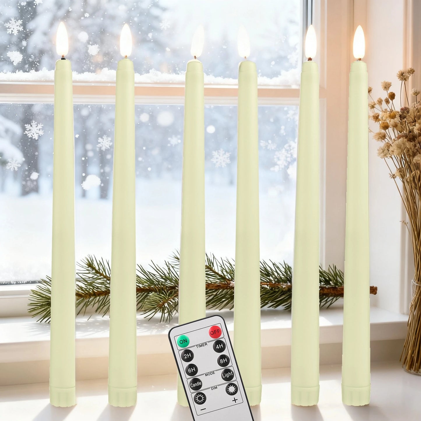 6Pack LED Flameless Taper Candles Lights 3D Wick Battery Christmas Simulation Candles Window Candles Long Electric Candles Lamp Peaceful Pleasures Health and Wellness 285MM 6 Pcs