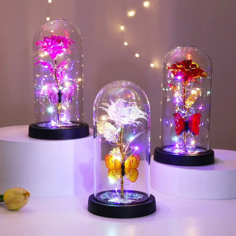Glass Cover Rose Immortality Flower with Lamp Qixi Valentine's Day Gift Creative Decoration Decorations Peaceful Pleasures Health and Wellness