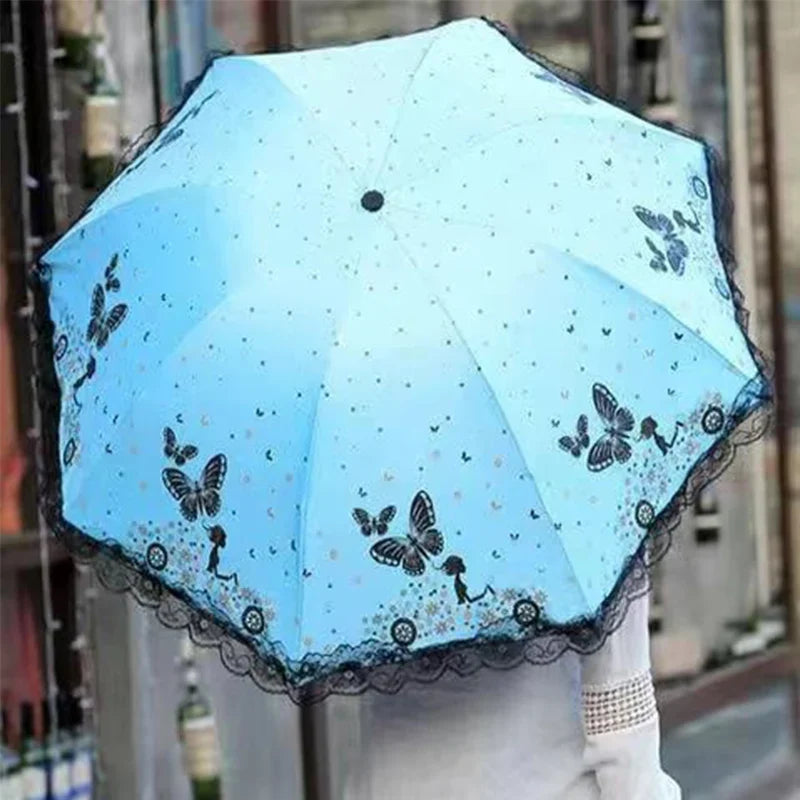 Butterfly Lace Triple Fold Windproof Sun & Rain Umbrella