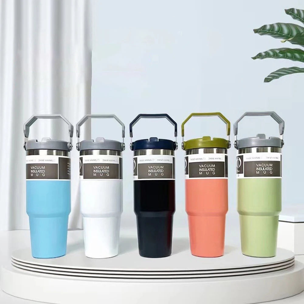 30OZ Portable Car Cup Stainless Steel Thermos Cup with Straw Travel Sports Water Bottle With Handle Cover Coffee Vacuum Flask Peaceful Pleasures Health and Wellness