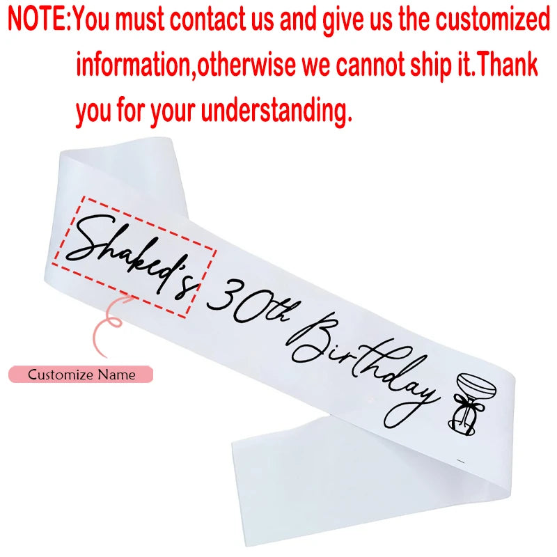 Personalized 30th Birthday White Sash – Custom Name Party Favor