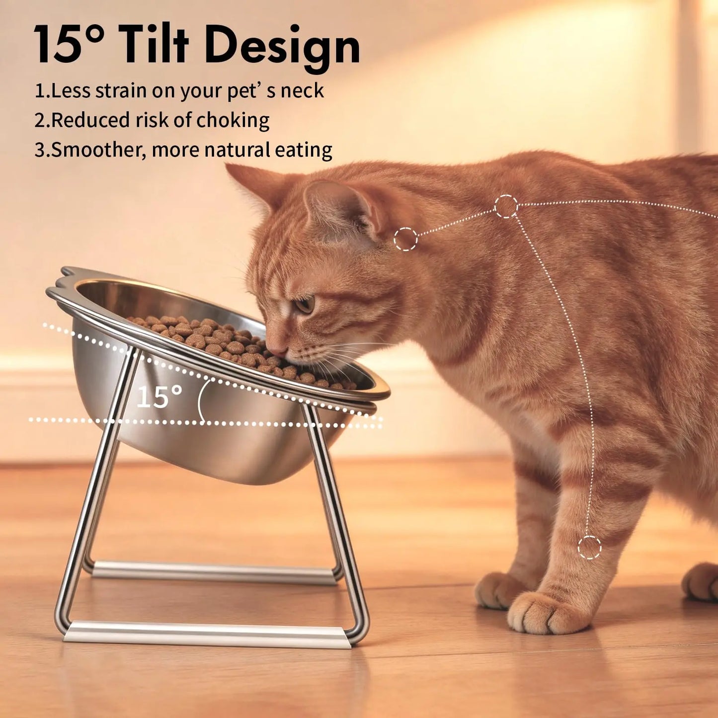304 Stainless Steel Raised Cat Bowl | 15° Tilted Elevated Design