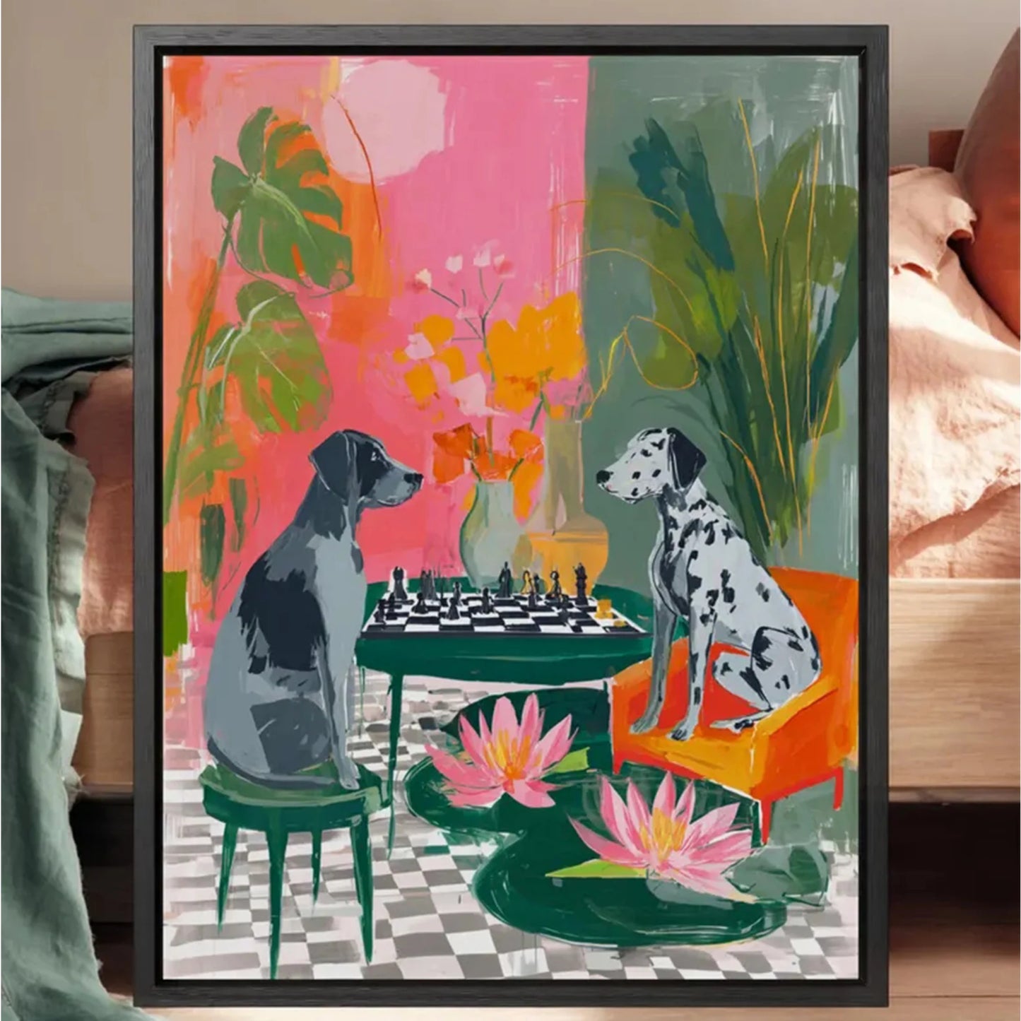Colorful Dogs Chess Canvas Wall Art Print | Home Decor