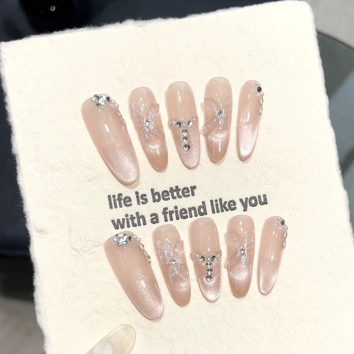 10pcs Handmade Press on Nails Gradient Cat's Eye Almond Fake Nail Tips Wearable 3D Bow Glitter Diamond Nail Art Long False Nails Peaceful Pleasures Health and Wellness