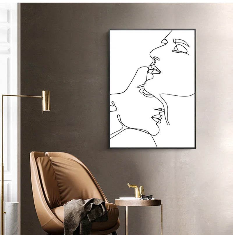 Black And White Line Drawing Couple Kiss Canvas Prints Heart Art Painting Hand In Hand Poster Minimalist Pictures Home Decor Peaceful Pleasures Health and Wellness