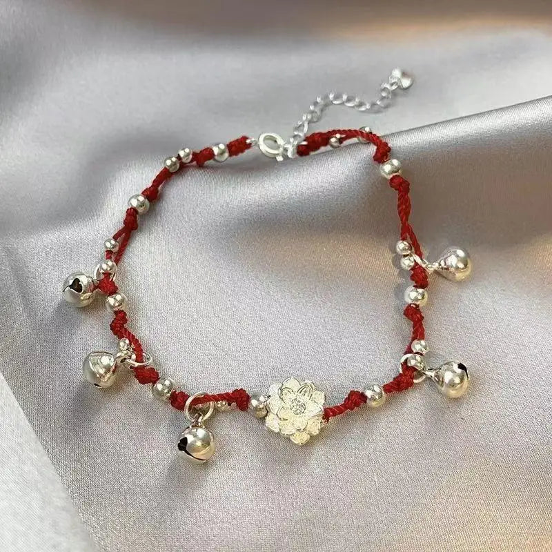 Chinese Red Rope Woven Bracelet | Bell Flower Charm Bangle