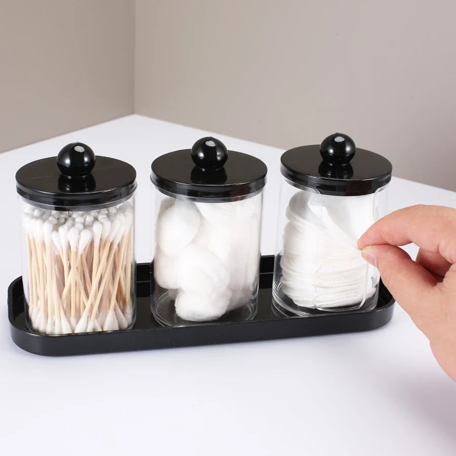 Qtip Holder Bathroom Set with Tray 3 Pack Acrylic Plastic Apothecary Jars Qtip Dispenser Canister with Lid Bathroom Organizers Peaceful Pleasures Health and Wellness