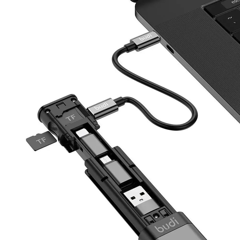 BUDI 7-in-1 USB Hub, Card Reader & Multi-Cable Adapter Stick