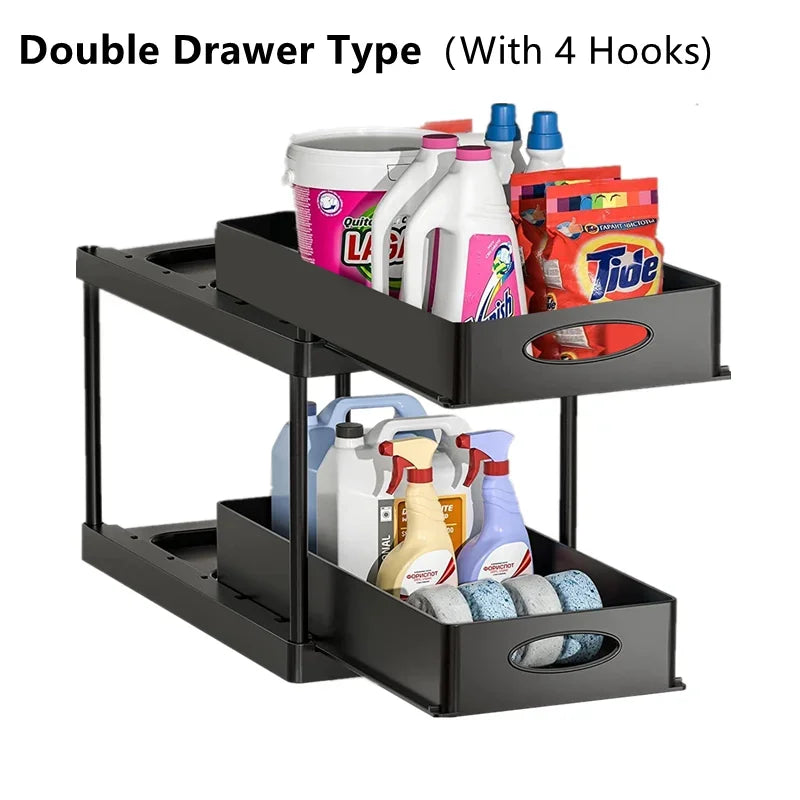 Under Sink Pull-Out Organizer with Hooks, Shelf & Spice Rack