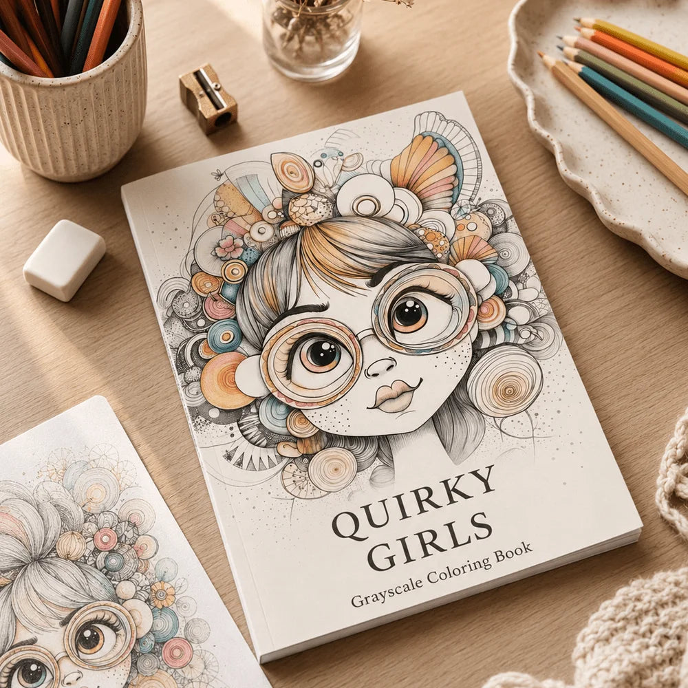 Quirky Girls Grayscale Coloring Book 24 Pages Cute Whimsical Girl