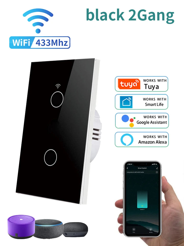 Tuya WiFi Smart Switch US Standard Touch Switch 433Mhz Wireless Remote Voice Control Alexa Google Home No Neutral Wire Required Peaceful Pleasures Health and Wellness black 2 gang
