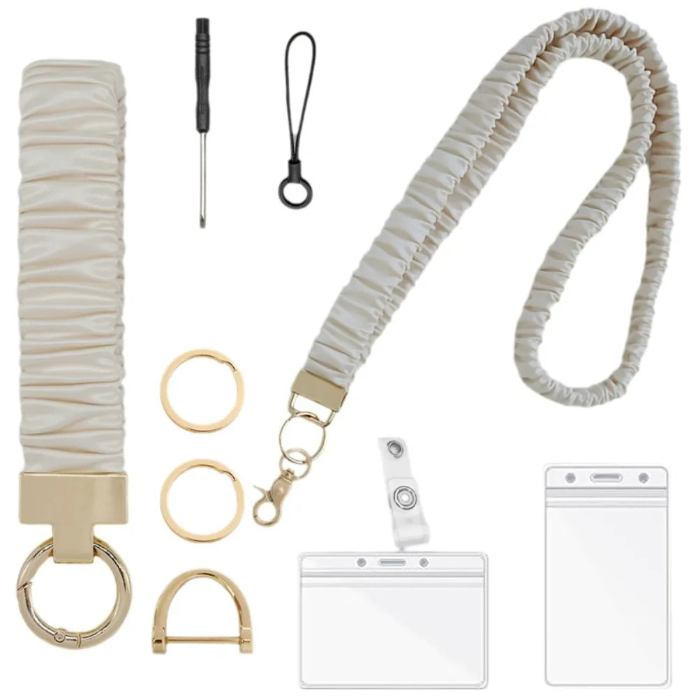 Safety Breakaway Buckle ID Badge Lanyard Stretchy Scrunchie Style Adjustable Elastic Material Retractable Lanyard Set Peaceful Pleasures Health and Wellness Beige Set 2