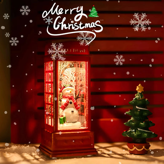 Christmas Phone Booth Decoration with Santa Claus, Snowman & Tree - Red Retro Telephone Booth Ornament With Light Home Decorator Peaceful Pleasures Health and Wellness
