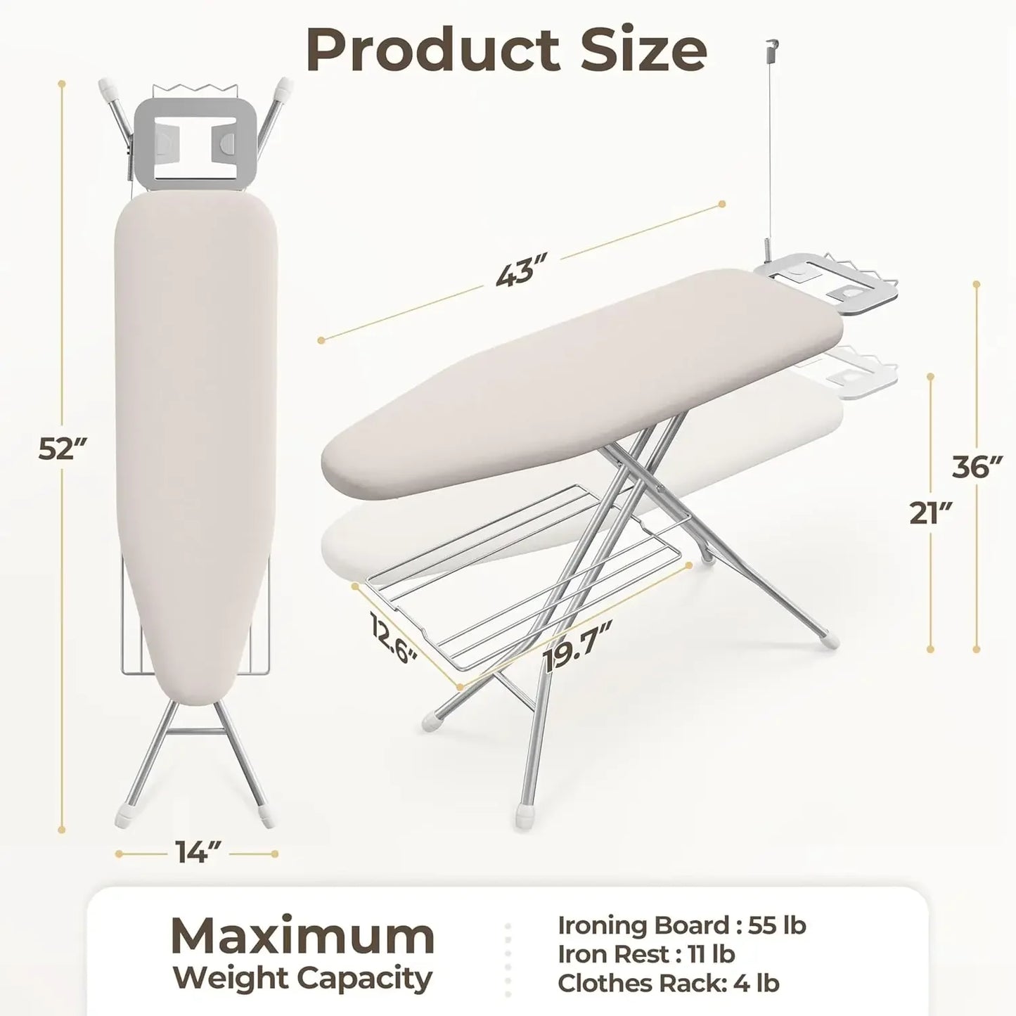 Compact Folding Ironing Board with Adjustable Height, Storage Tray & Steam Rest - Heavy Duty 52x14 Beige Peaceful Pleasures Health and Wellness