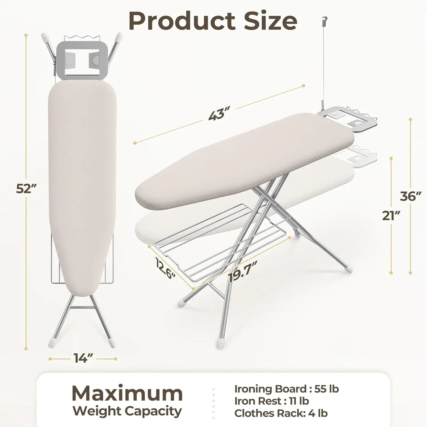 Compact Folding Ironing Board with Adjustable Height, Storage Tray & Steam Rest - Heavy Duty 52x14 Beige Peaceful Pleasures Health and Wellness