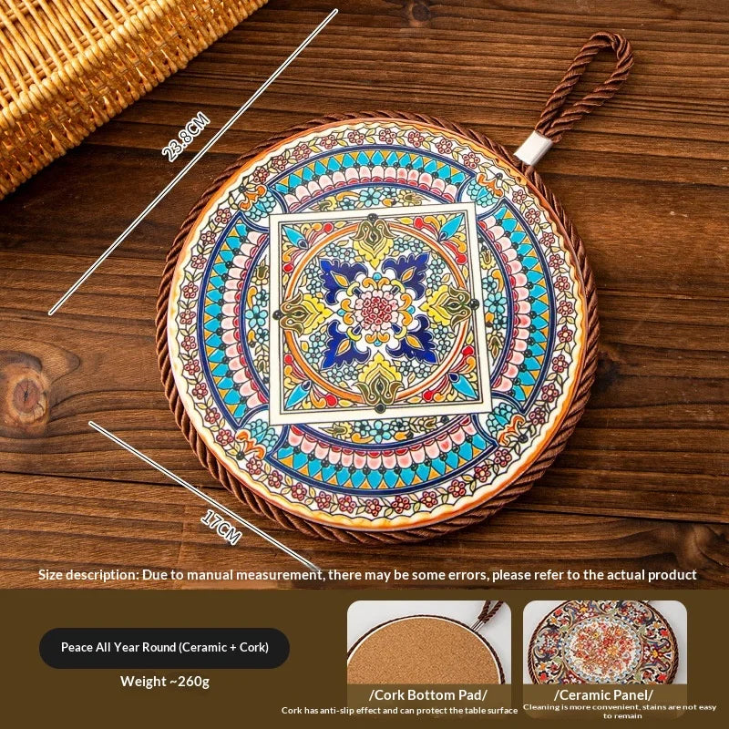 Vintage Heat Resistant Trivet Mat for Hot Pot Cast Cookware Enameled Dutch Oven Ceramic Dinnerware Tabletop Placemat Non-Slip Peaceful Pleasures Health and Wellness F Diameter 17cm