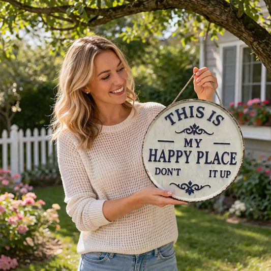 Funny Vintage Round Garden Signs Farmhouse Welcome Decor, Happy Place Wall Art for Outdoor Patio Lawn Fence Farm Deck Bar Cafe Peaceful Pleasures Health and Wellness